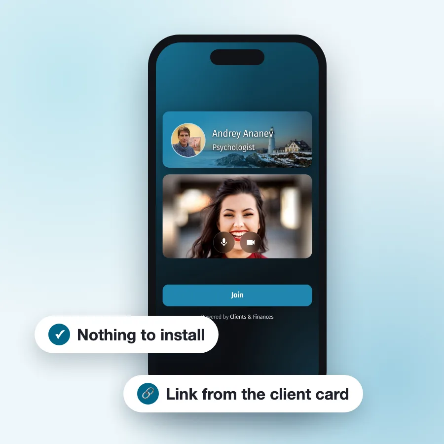 A client opens the call link on a phone and sees the specialist's name and photo