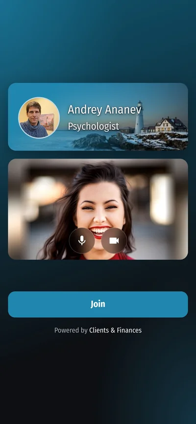 Joining a video call on the client's phone: the specialist's name and photo and a camera check