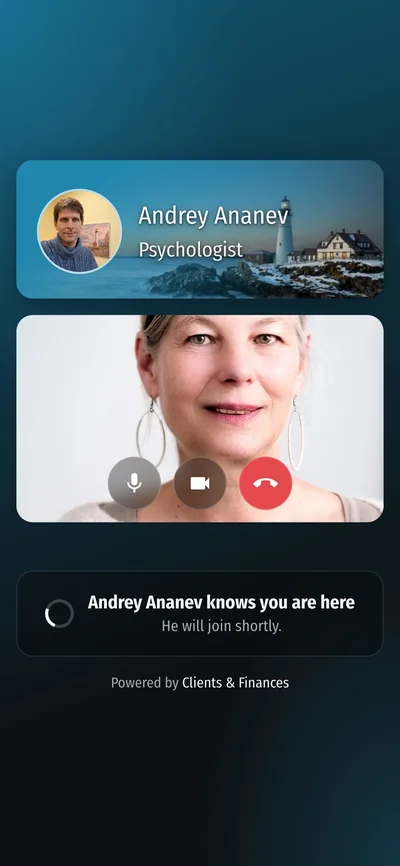 The video call waiting room on the client's phone