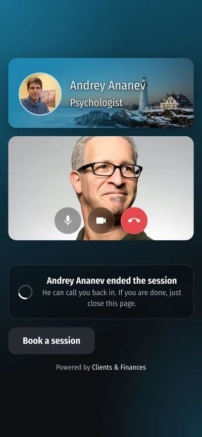 The client's screen after the session ends, with a “Book a session” button