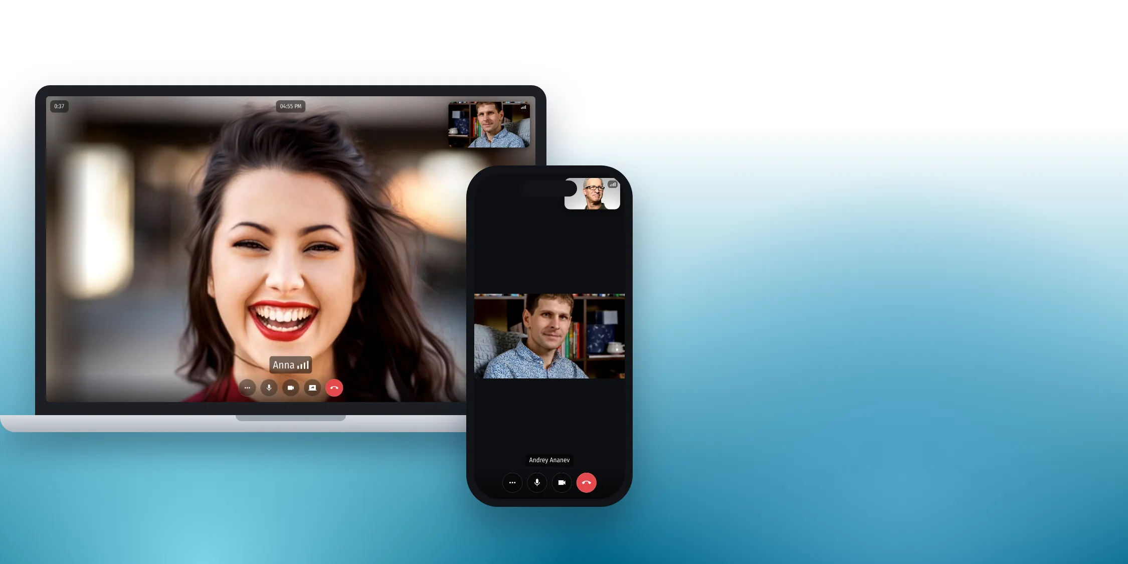 A video call with a client on the specialist's laptop and on the client's phone
