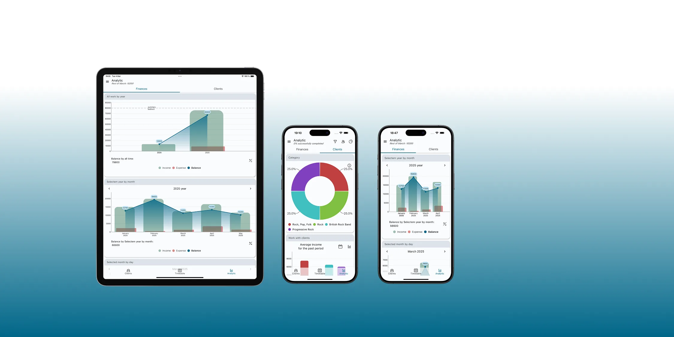 Income and expense analytics in the Clients & Finances app