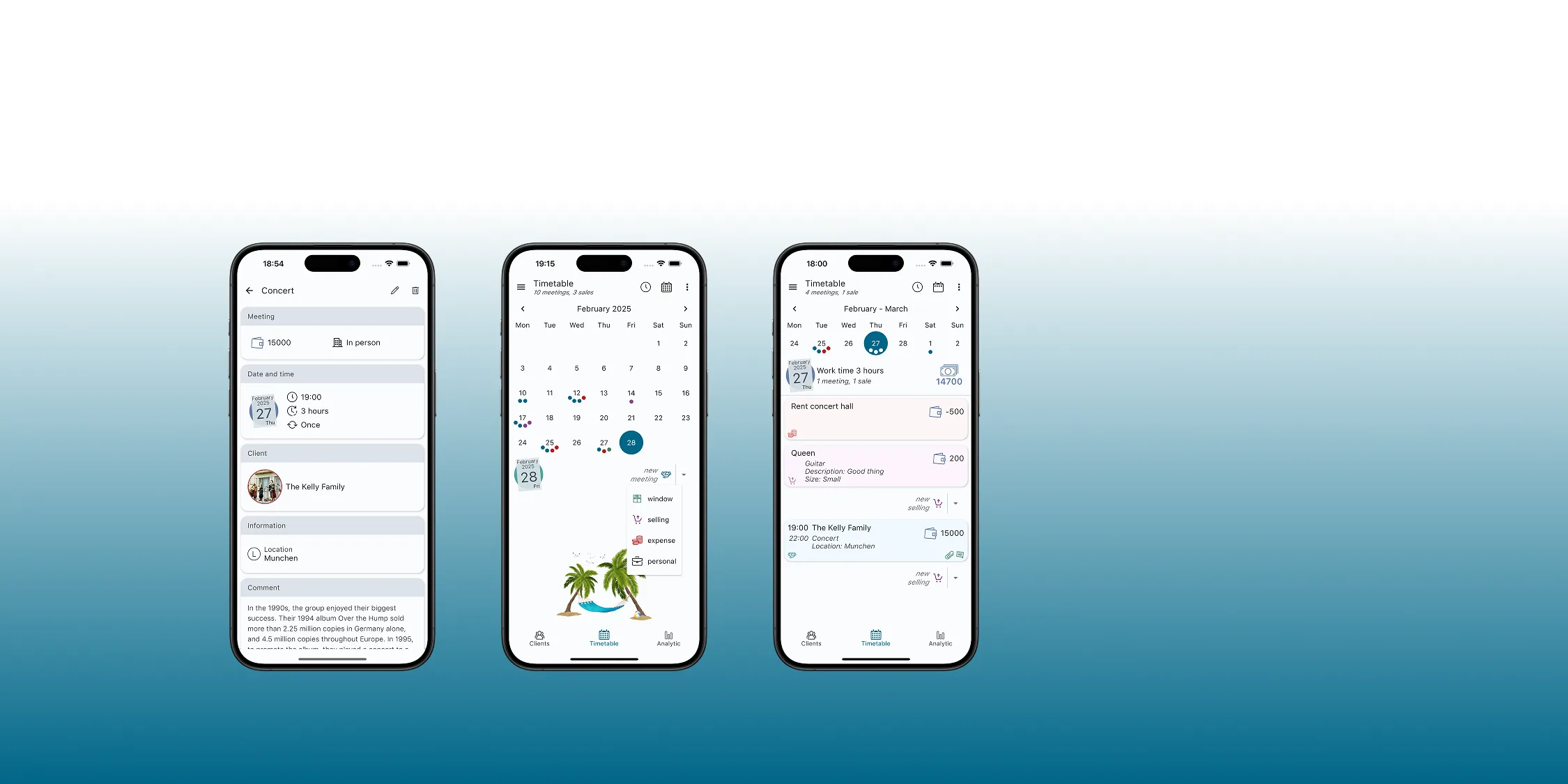 Schedule and calendar in the Clients & Finances app